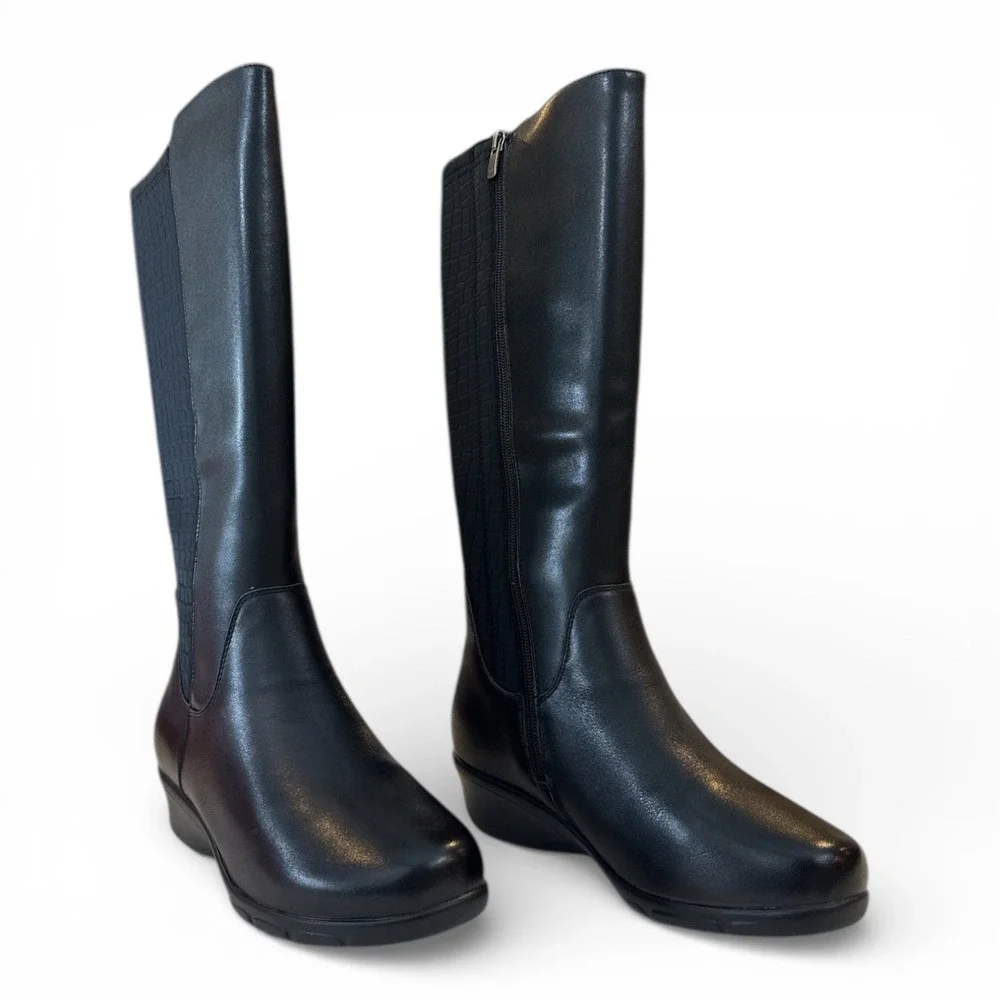 Propét Women's Black Knee High Boots‎ WFX195L Sz 7.5 Stretch Calf Extra Wide NIB